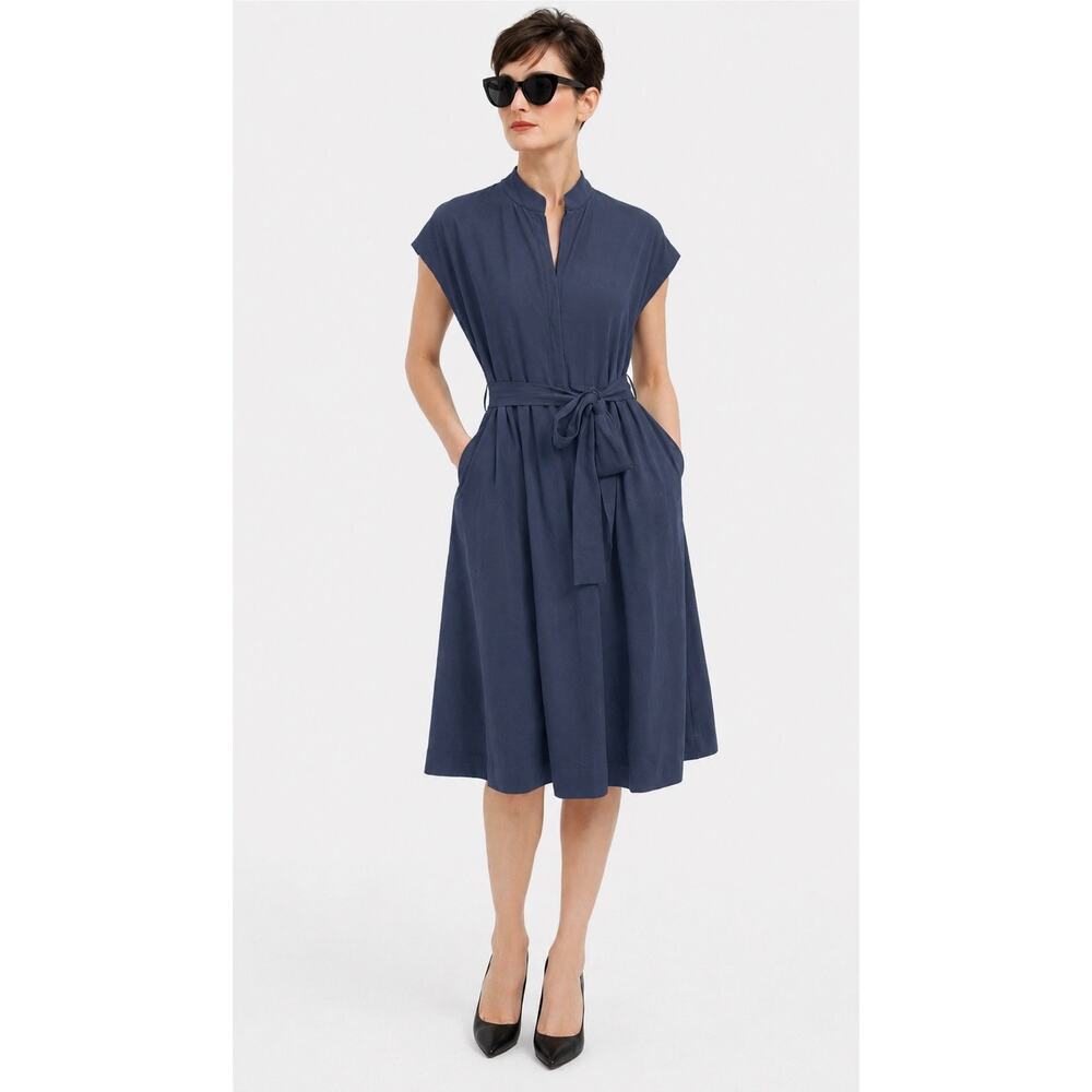 41 Hawthorn Petite Navy Tie Waist Midi Dress NWT Pockets Large